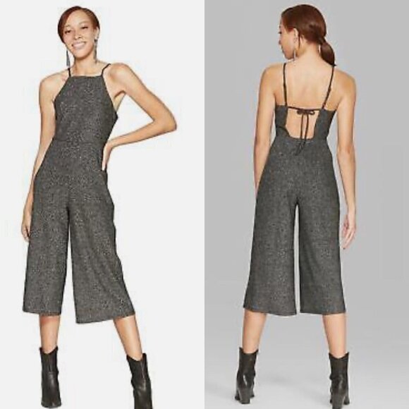 wild fable Pants - Wild Fable Womens Black Silver Metallic Square Neck Tie Cropped Jumpsuit Small